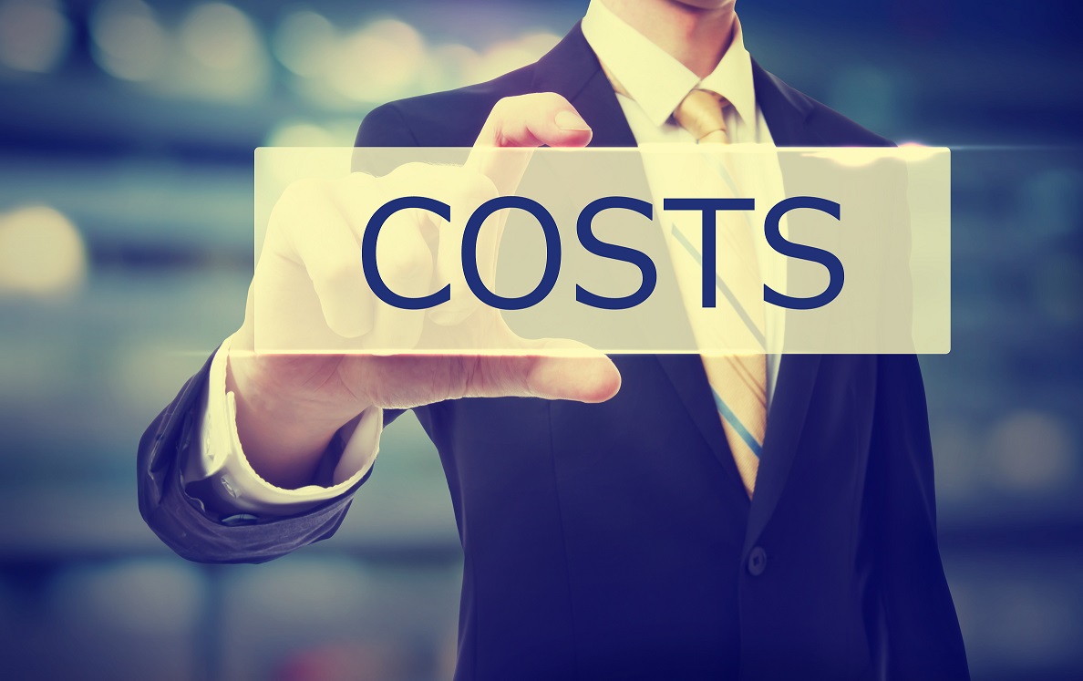 Business man holding Costs on blurred abstract background saying costs